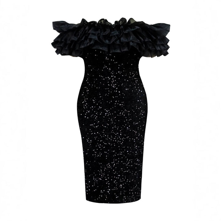 Damen glamouröses Abendkleid mit voluminösen Rüschen und Pailletten Drune