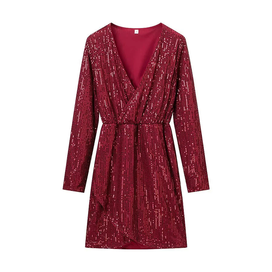 Damen nan Wickel-Minikleid mit Paillettenbesatz, tiefem V‑Ausschnitt und taillierendem Bindegürtel Drune