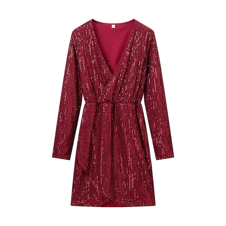 Damen nan Wickel-Minikleid mit Paillettenbesatz, tiefem V‑Ausschnitt und taillierendem Bindegürtel Drune