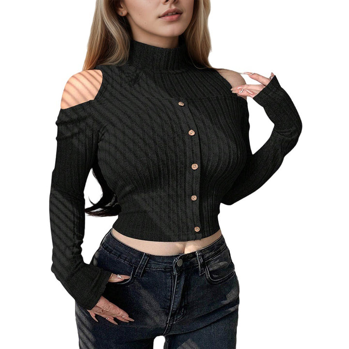 Damen cropped Langarm-Pullover mit schulterfreien Details und Knopfverschluss Drune