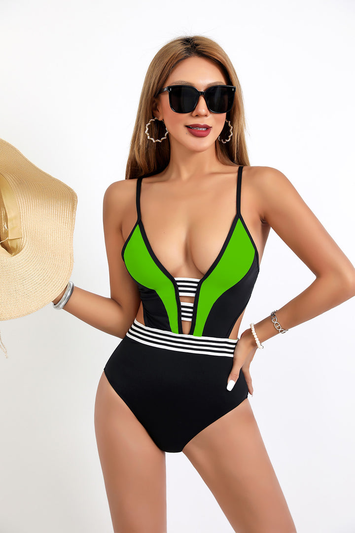 Damen Sportlicher Einteiler Badeanzug mit tiefem V-Ausschnitt und seitlichen Cut-Outs Drune