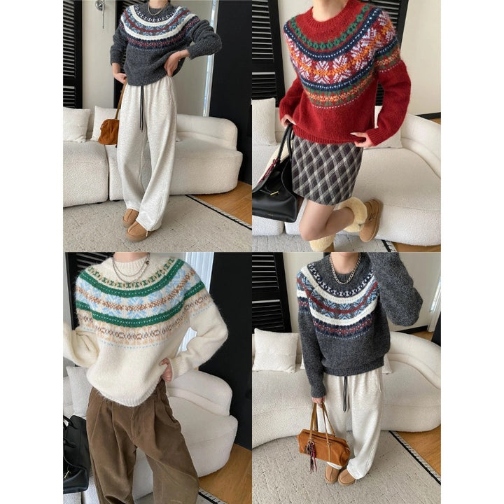 Damen Grobstrickpullover mit lebendigem Muster und weit geschnittenen Ärmeln Drune