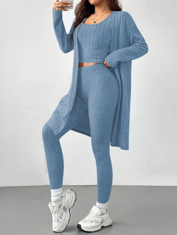 Damen Dreiteiliges geripptes Lounge-Set mit Longcardigan, Crop-Top und High-Waist-Leggings Drune