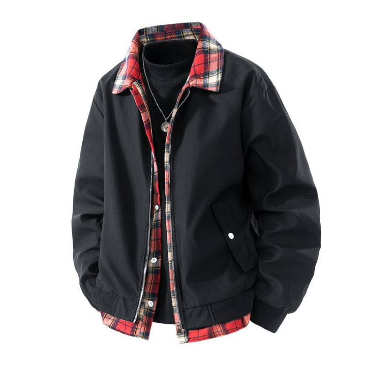 Herren windabweisende Overshirt-Jacke mit karierter Innenlage, Reißverschluss und Druckknopftaschen Drune