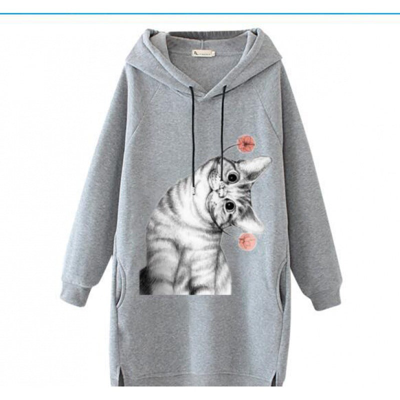 Damen Oversize Kapuzenkleid aus Sweat mit großem Katzenprint und Seitentaschen Drune