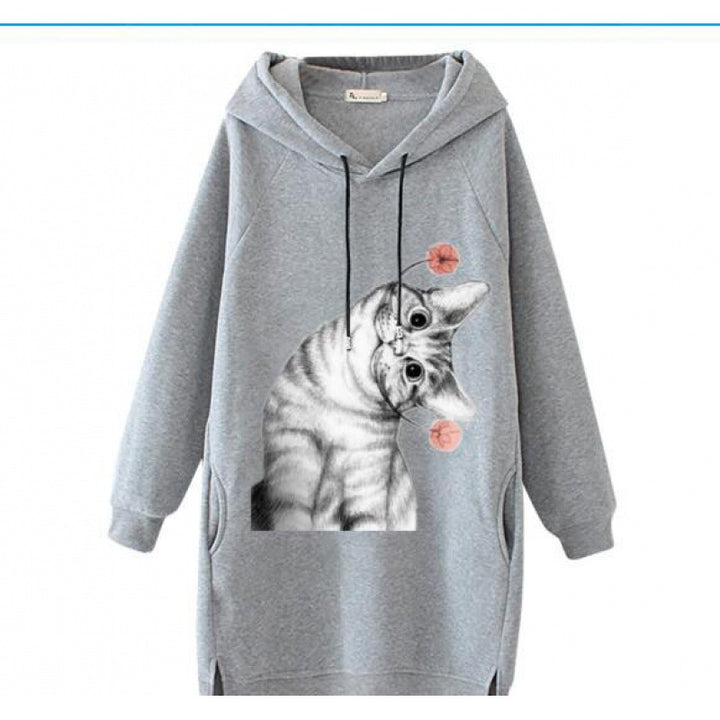 Damen Oversize Kapuzenkleid aus Sweat mit großem Katzenprint und Seitentaschen Drune