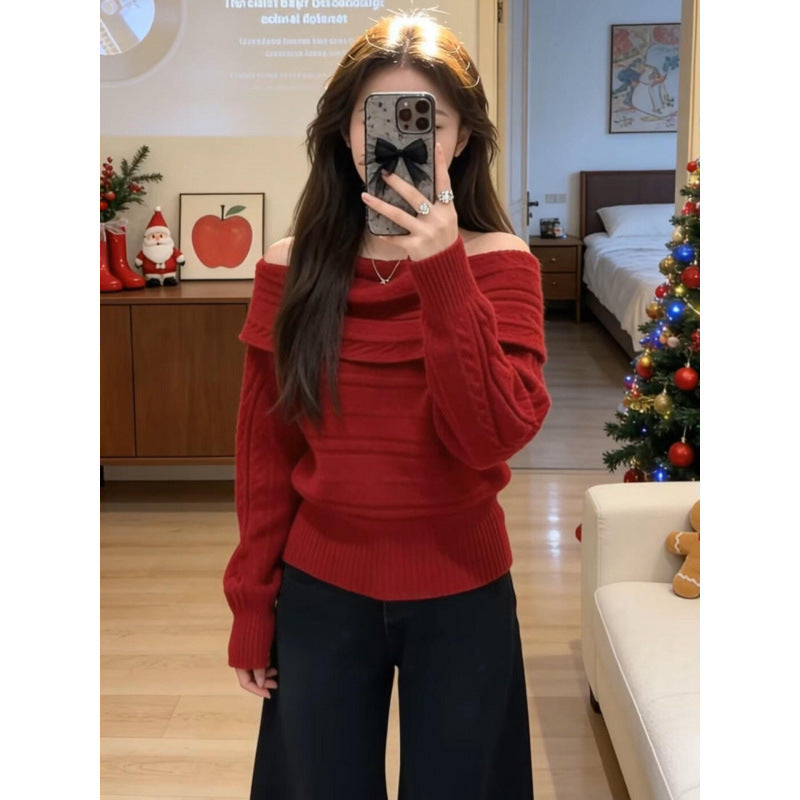 Damen Off-Shoulder Strickpullover mit Rippstruktur Drune