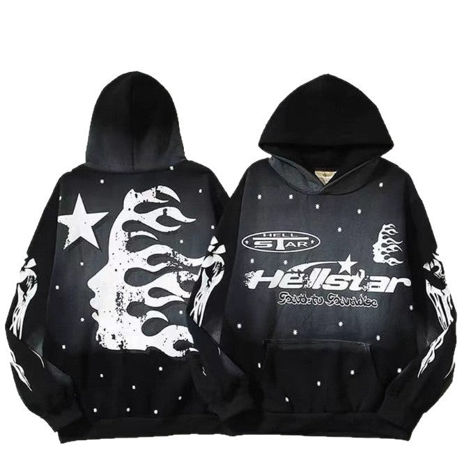 Unisex nan Oversize Kapuzenpullover mit großflächigem Flame- und Sternprint sowie Kängurutasche Drune