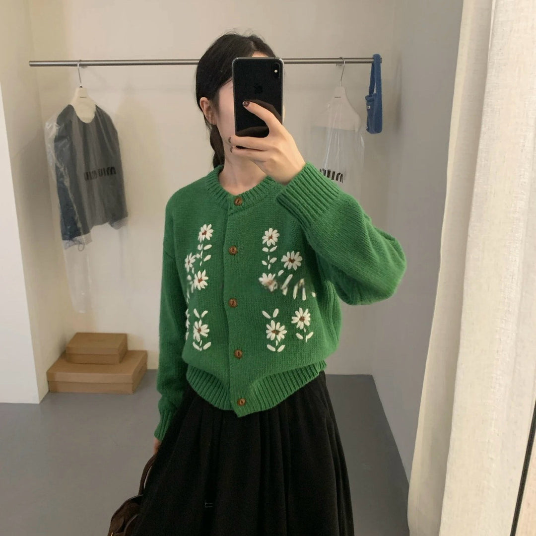 Damen Verspielte Strickjacke mit Blumenapplikationen Drune