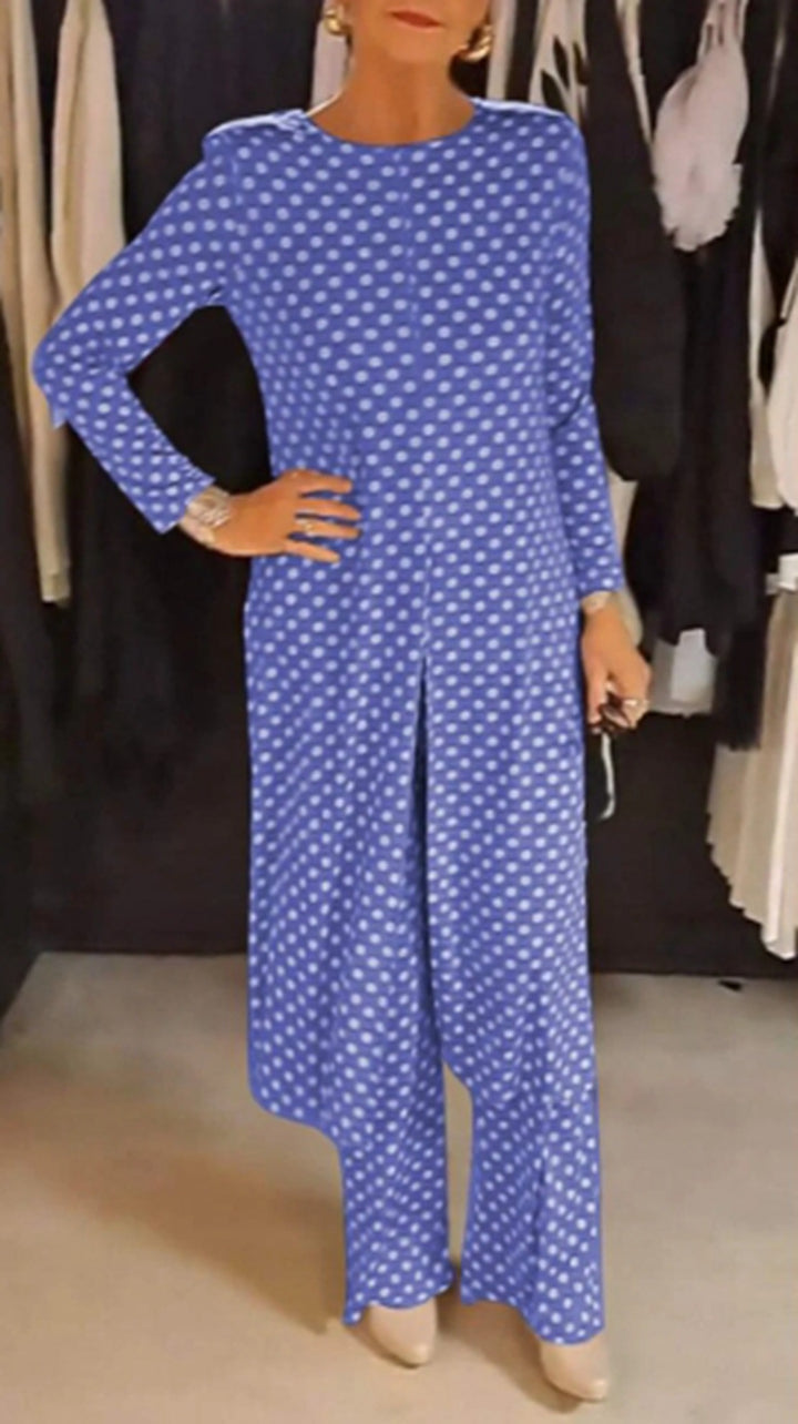 Damen nan Pünktchen-Lounge-Ensemble mit langer A-Linien-Tunika, mittigem Frontschlitz und weiter Palazzohose Drune