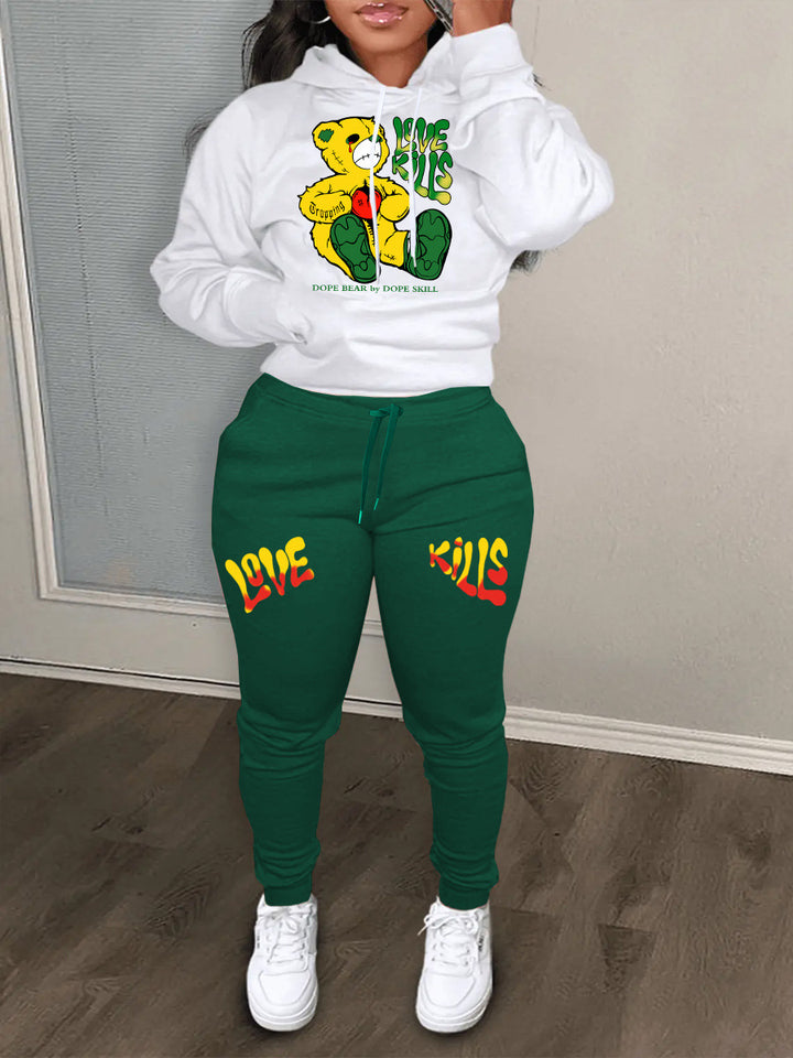 Damen Hoodie und Jogginghose Set mit kreativem Bärenmotiv und auffälligem Schriftzug Drune