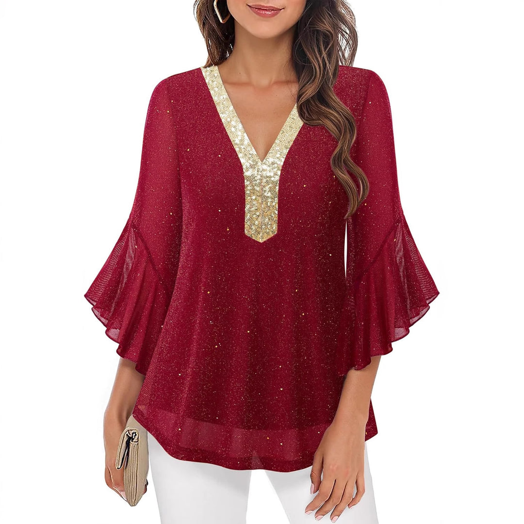 Damen Festliche Mesh-Bluse mit V-Ausschnitt, Paillettenbesatz und Volantärmeln Drune