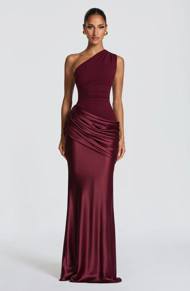 Damen Elegantes One-Shoulder Maxikleid mit fließenden Drapierungen Drune