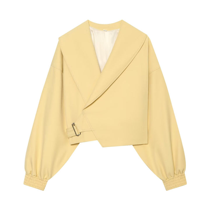 Damen Kurze Wickeljacke mit weitem Schalkragen, taillierendem Schnallenband und Ballonärmeln Drune