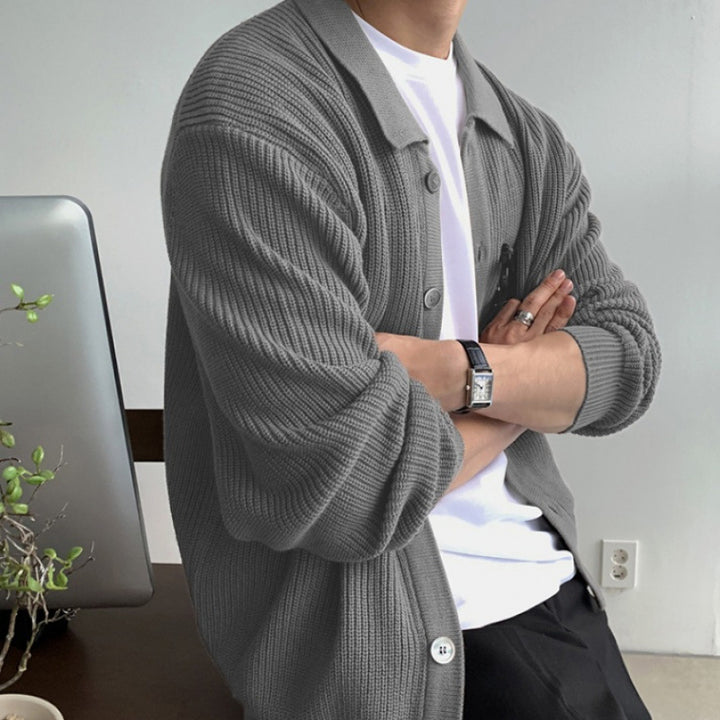 Unisex Grobgerippte Strickjacke mit Hemdkragen und durchgehender Knopfleiste Drune