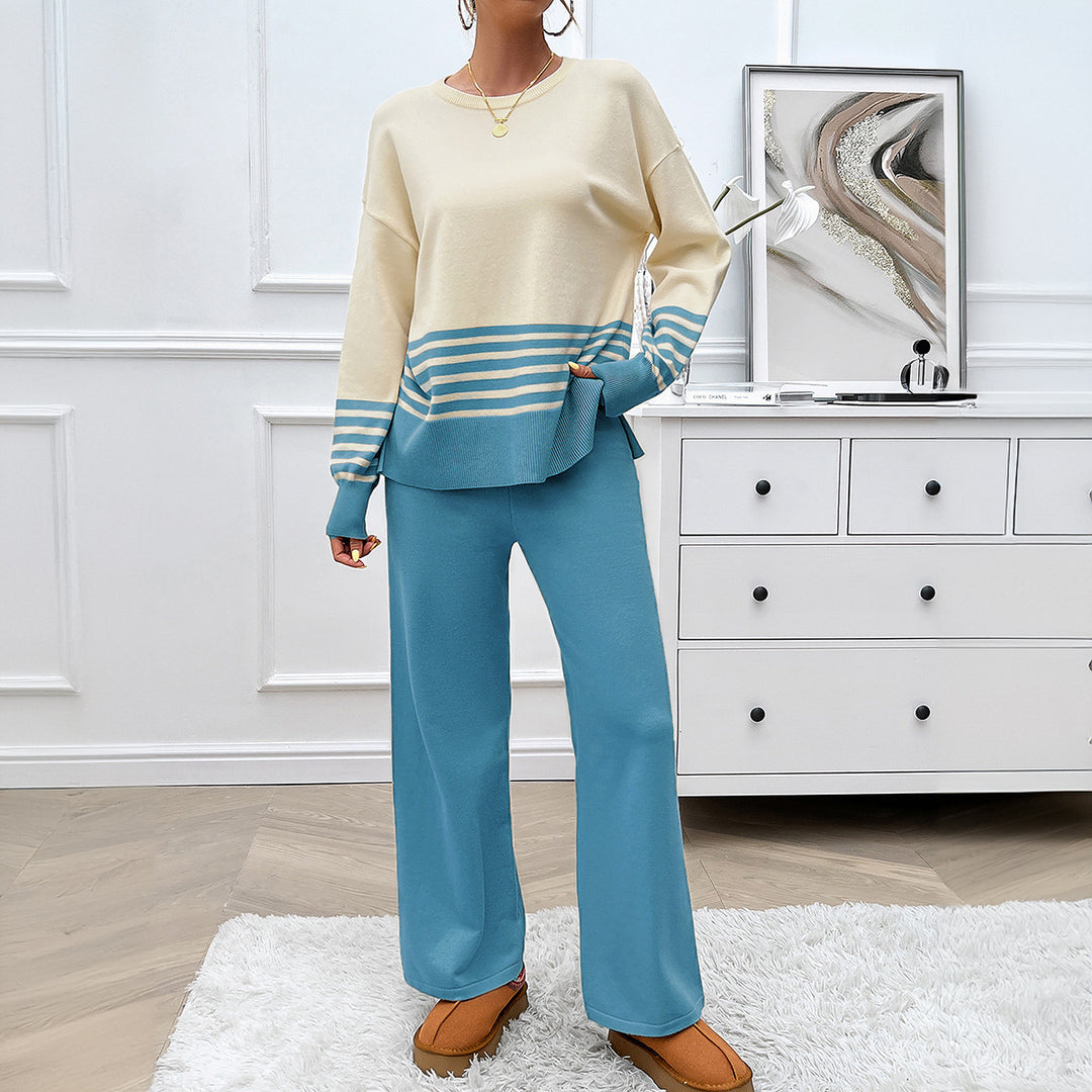 Damen nan lässiges Strick-Lounge-Set mit gestreiftem Rundhals-Pullover, Raglanärmeln und weiten taillenhohen Hosen Drune
