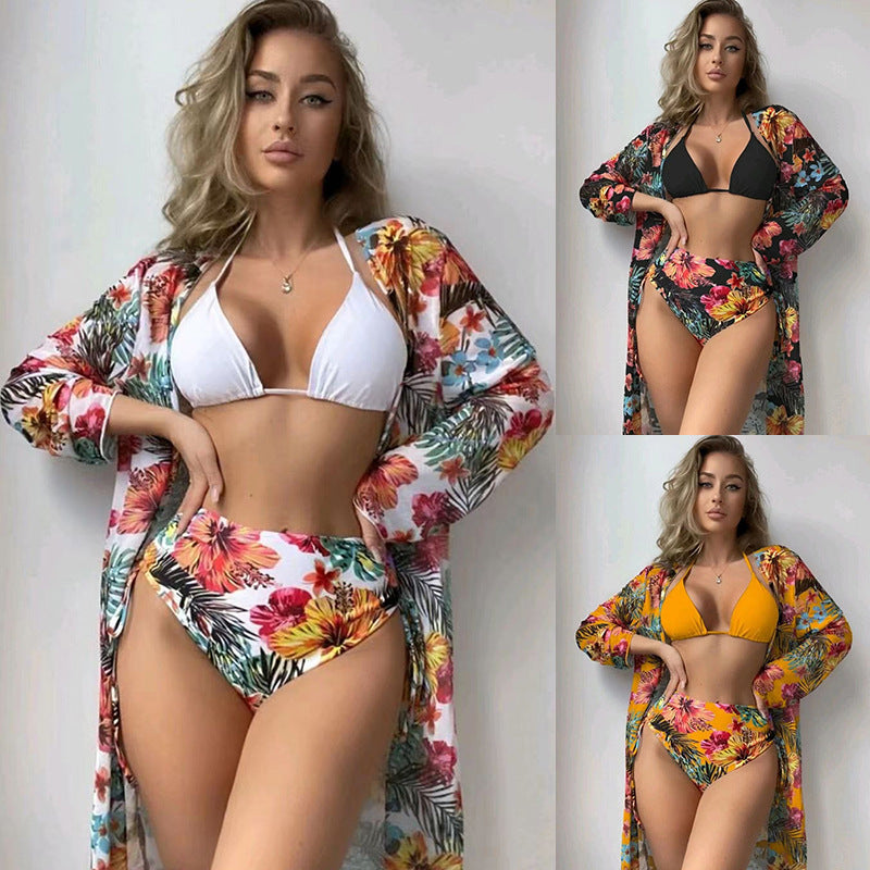 Damen Bikiniset mit hohem Bund und floralem Überwurf Drune