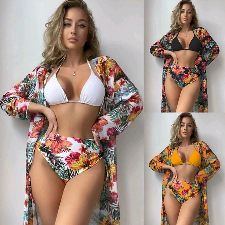 Damen Bikiniset mit hohem Bund und floralem Überwurf Drune