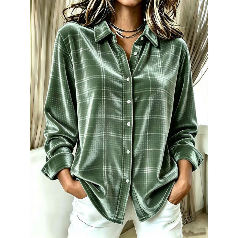 Damen Samt-Hemdbluse mit Karomuster und lockerem Oversize-Schnitt Drune