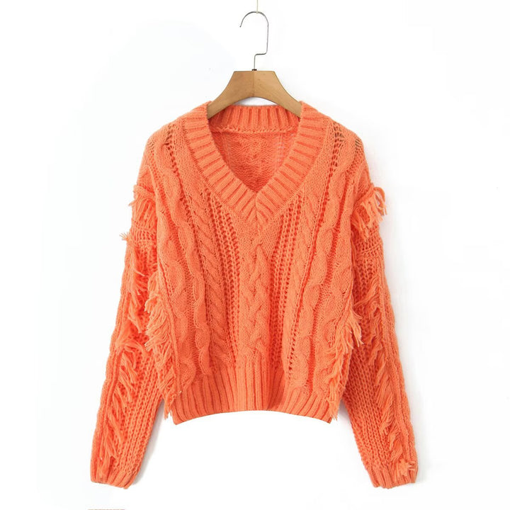 Damen Grobstrickpullover mit tiefem V-Ausschnitt und Fransen Drune