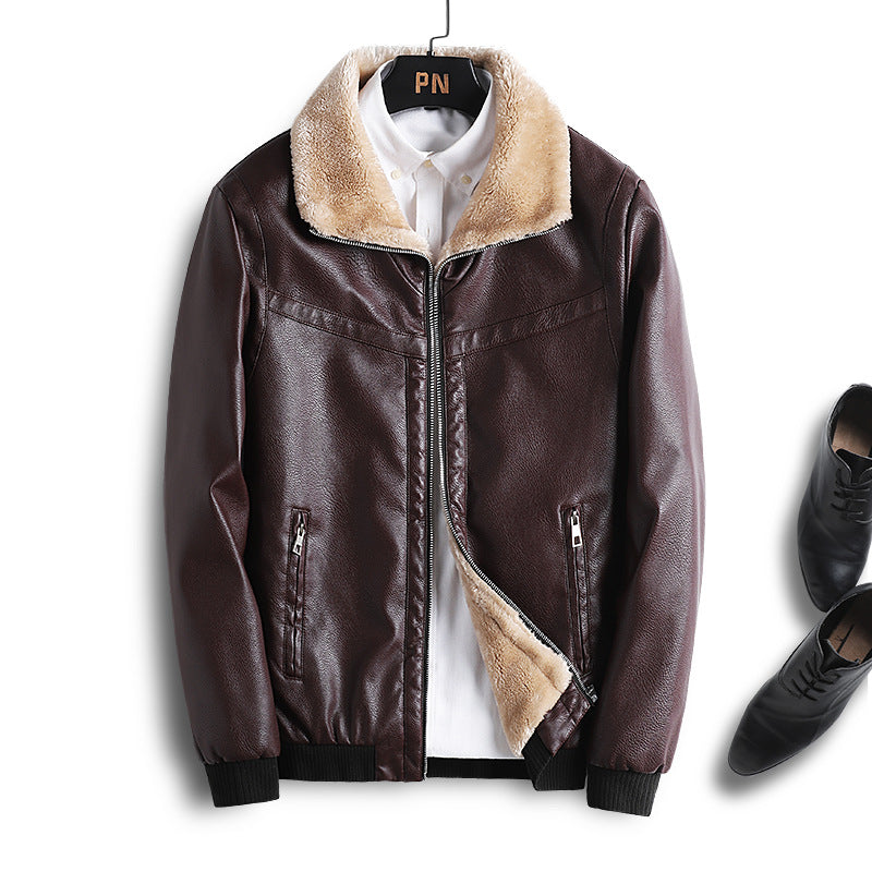 Herren Winddichte Kunstleder-Bomberjacke mit Teddyfutter und gerippten Bündchen Drune