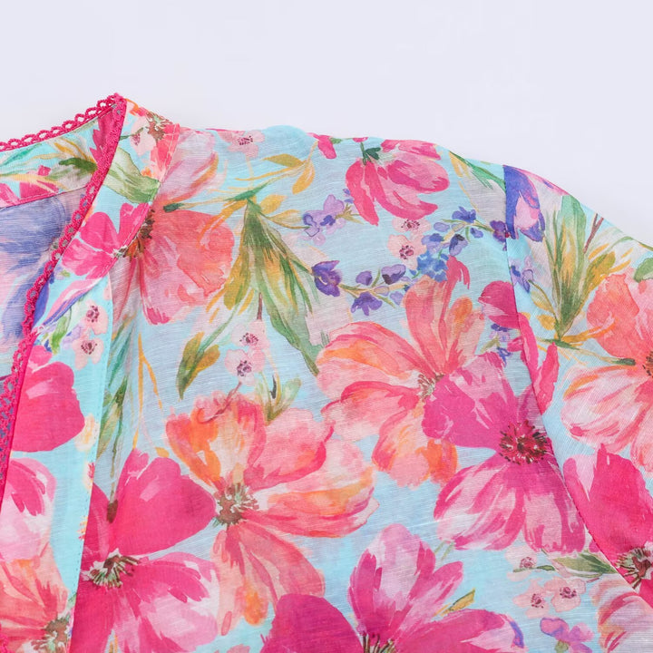 Damen Leichte Blumenbluse mit Stehkragen und dreiviertel Glockenärmeln Drune