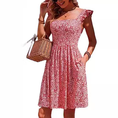 Damen Sommerkleid mit Rüschenärmeln und Schlitz Drune