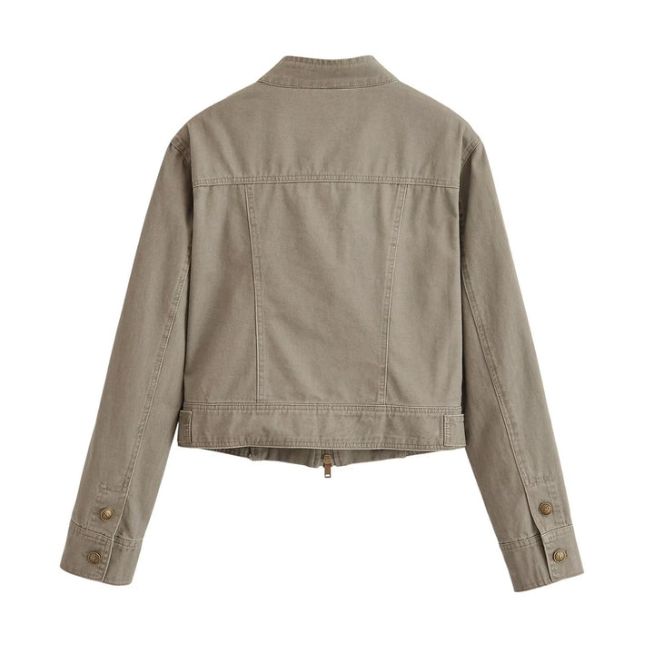 Damen Kurzjacke im Army‑Look aus Baumwoll‑Twill mit Stehkragen und dekorativen Zierriegeln Drune