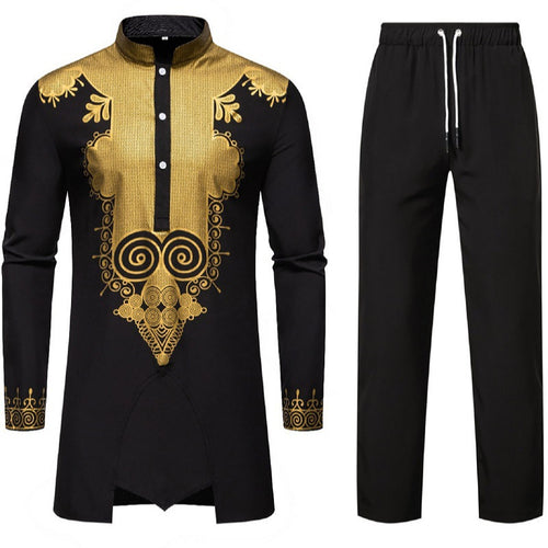 Herren Traditionelles Tunika-Set mit Mandarinkragen und goldverzierten Ornamenten Drune