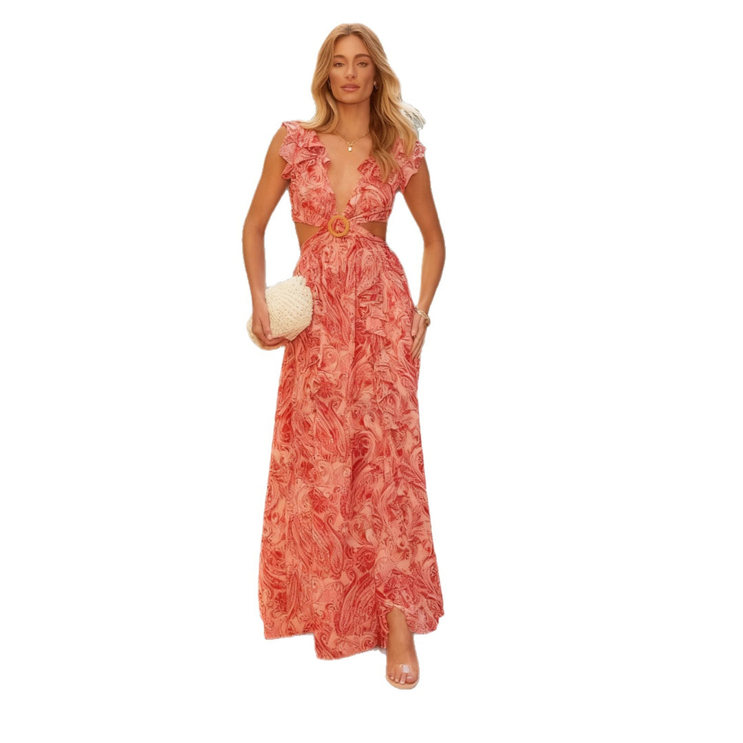 Damen Maxikleid mit voluminösen Rüschen und tiefem Schlitz Drune