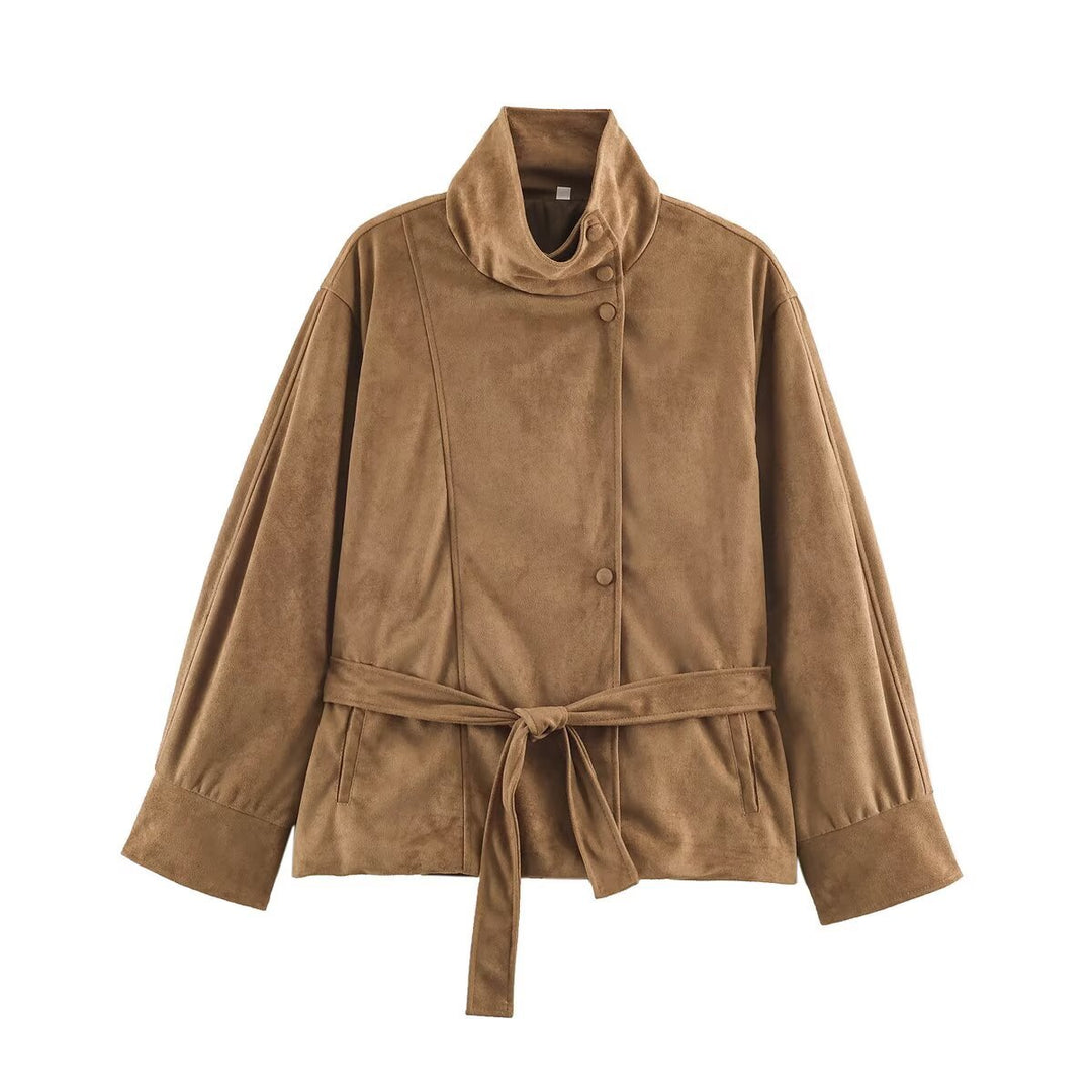 Damen Boxy-Wickeljacke in Veloursoptik mit hohem Stehkragen und Bindegürtel Drune