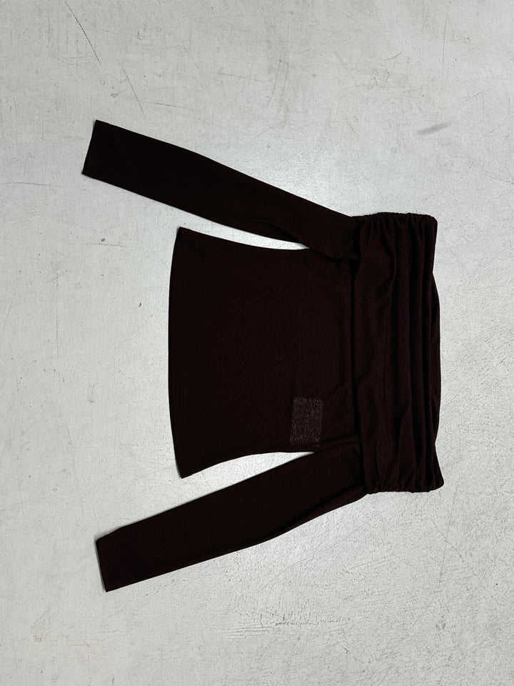 Damen nan schulterfreies Feinstrick-Longsleeve mit gerafftem Umschlagkragen und taillierter Passform Drune