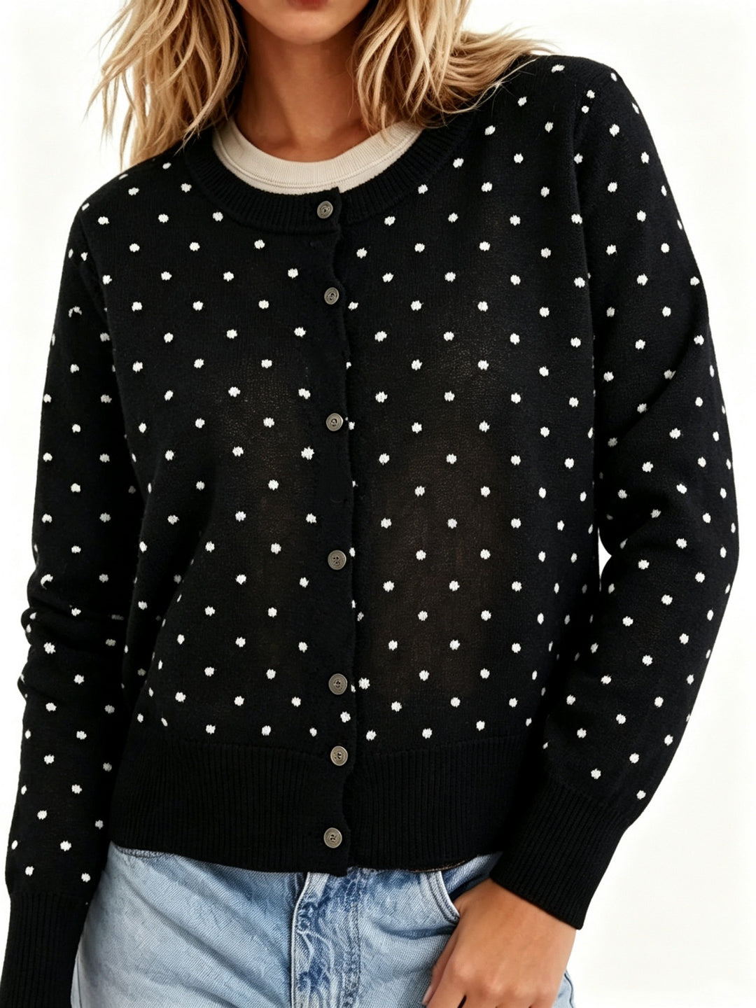Damen Gepunktete Feinstrick-Cardigan mit Rundhals und Rippbündchen Drune