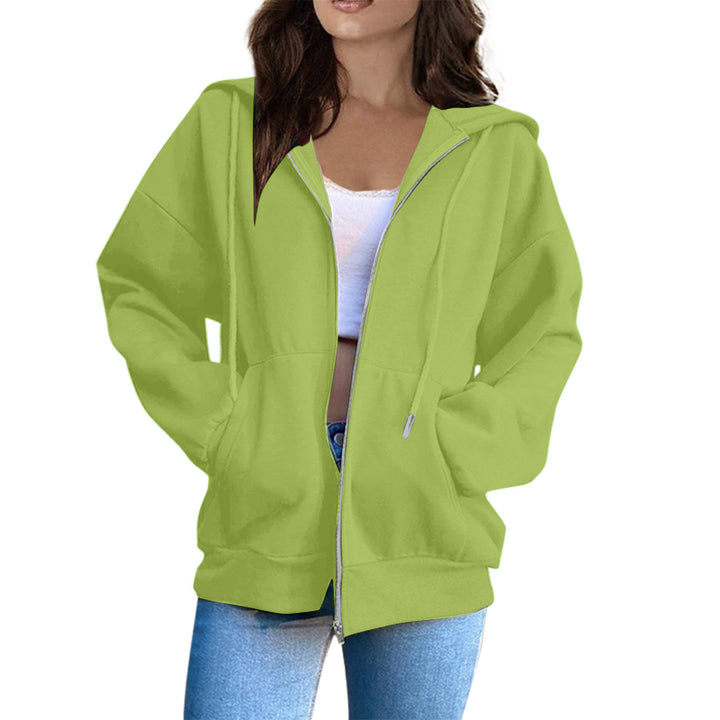 Damen nan lässige Kapuzenjacke mit durchgehendem Reißverschluss, Kängurutaschen und voluminösen Raglanärmeln Drune