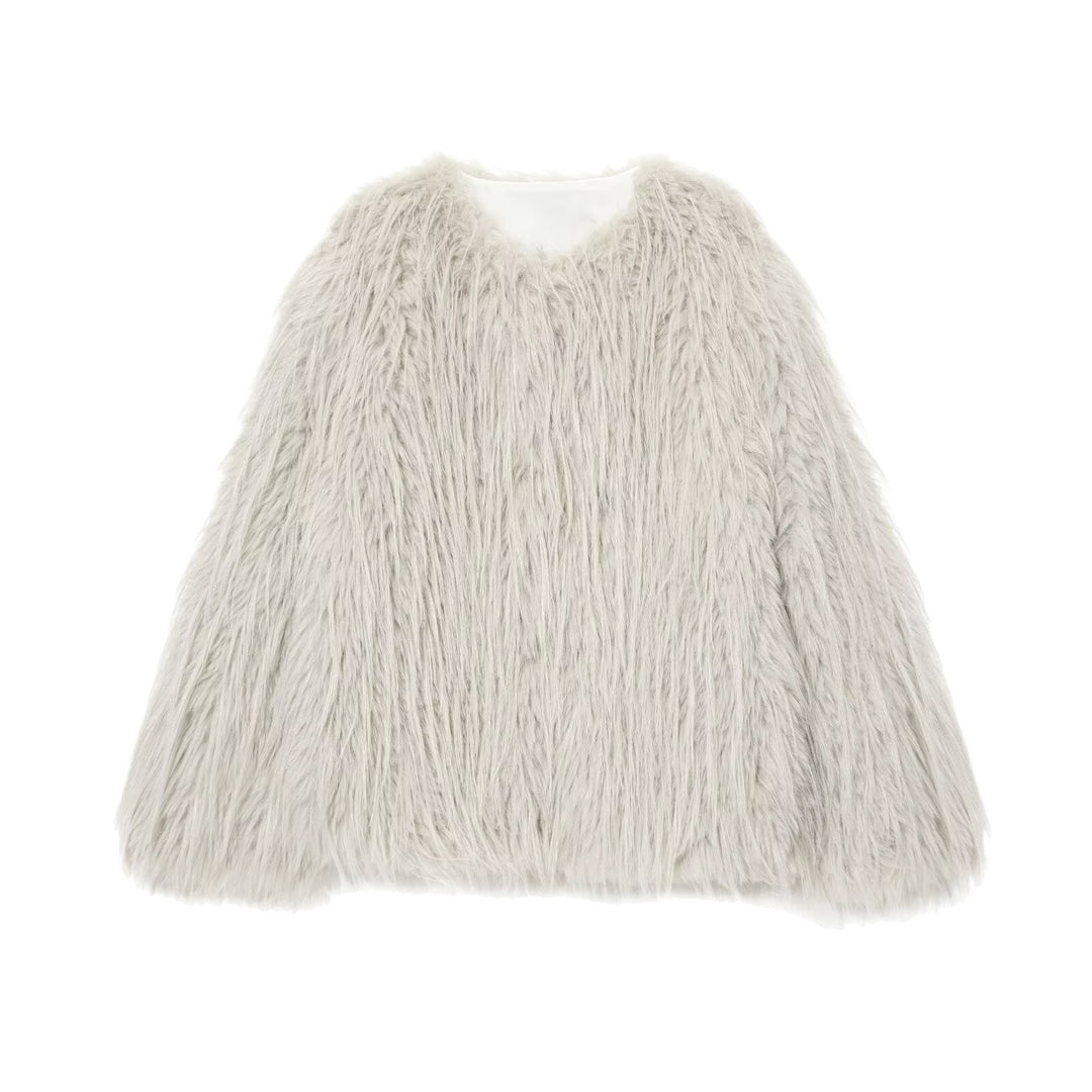 Damen Faux-Fur-Pelzjacke mit langem Shaggy-Fell und Rundhalsausschnitt Drune