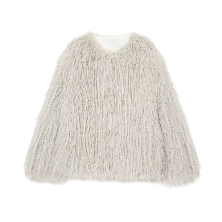 Damen Faux-Fur-Pelzjacke mit langem Shaggy-Fell und Rundhalsausschnitt Drune