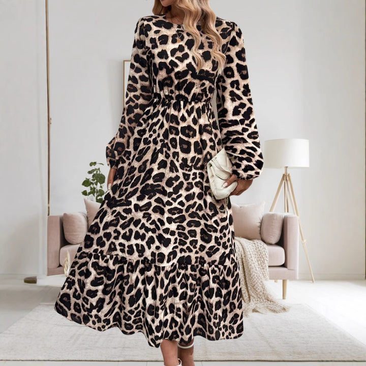 Damen Elegantes Langarm-Maxikleid mit modernem Tierprint und asymmetrischem Saum Drune
