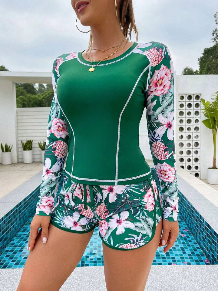 Damen Langarm Surf-Badeanzug mit floralem Muster Drune