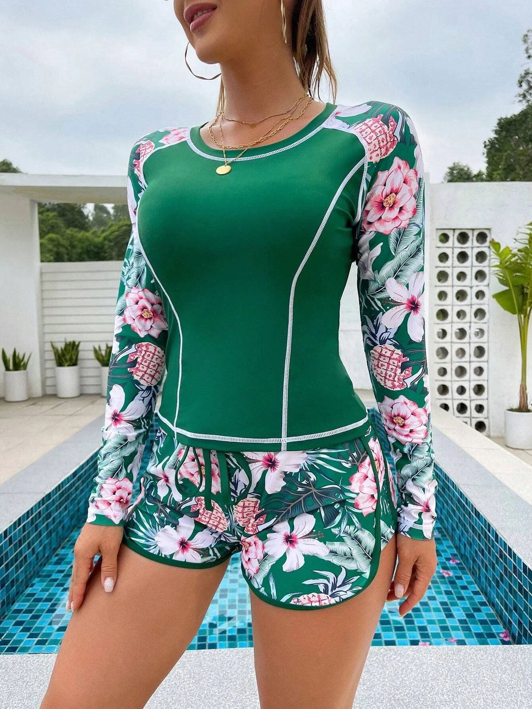 Damen Langarm Surf-Badeanzug mit floralem Muster Drune