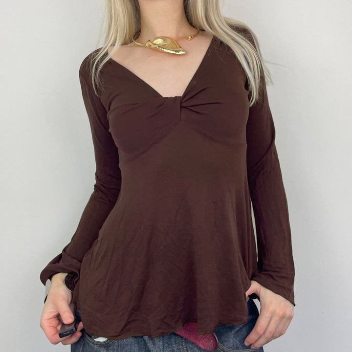 Damen nan figurbetontes Langarmshirt mit Drapé-Vorderteil und gehäkelter Mittelapplikation Drune