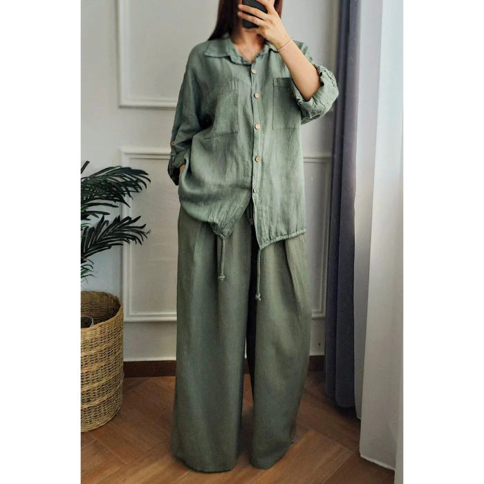 Damen Leinen-Set mit weiten Hosen undlässiger Bluse Drune