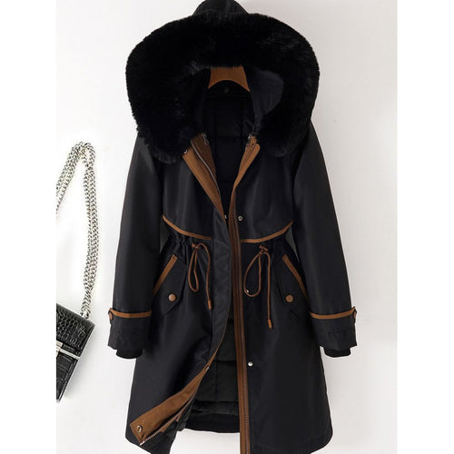 Damen nan langer Parka mit Kunstfellkapuze Taillenzug und kontrastierten Paspeln Drune