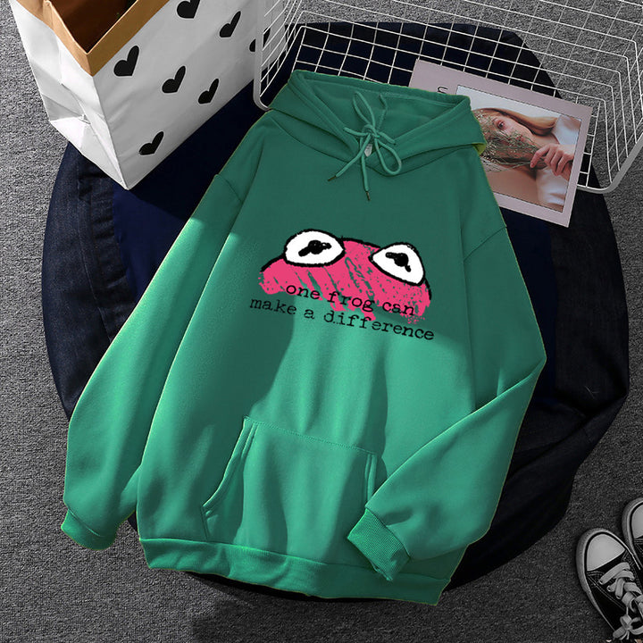 Damen nan relaxed-fit Kapuzenpullover mit gestempelter Froschgrafik, Kängurutasche und Kordelzug Drune