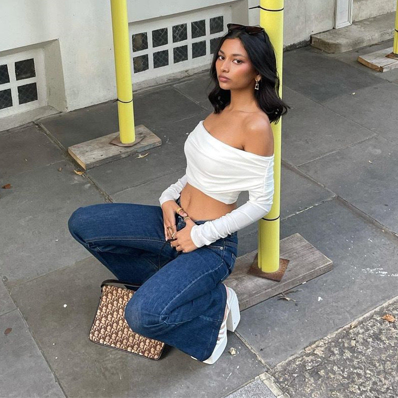 Damen Offshoulder Crop-Top mit Raffung Drune