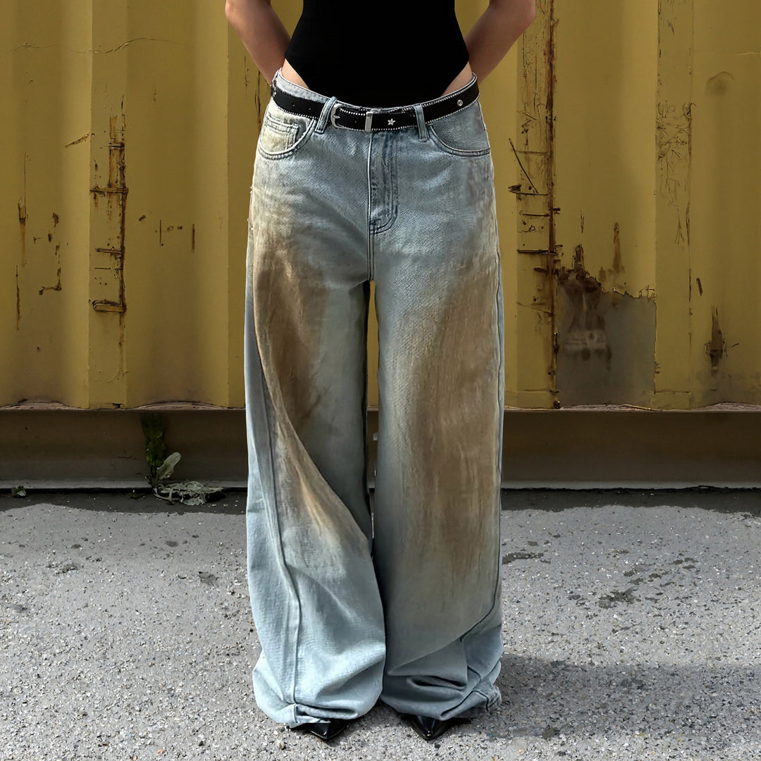 Damen Extraweite Jeanshose mit tiefem Bund, weitem Schlag und Used-Waschung Drune