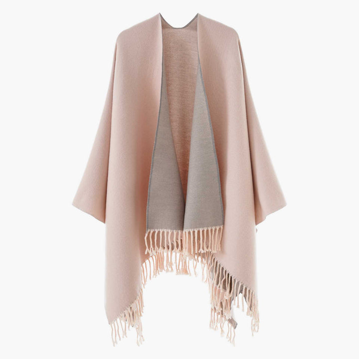 Damen Edler Umlegeponcho mit Reversoptik und Fransenabschluss Drune