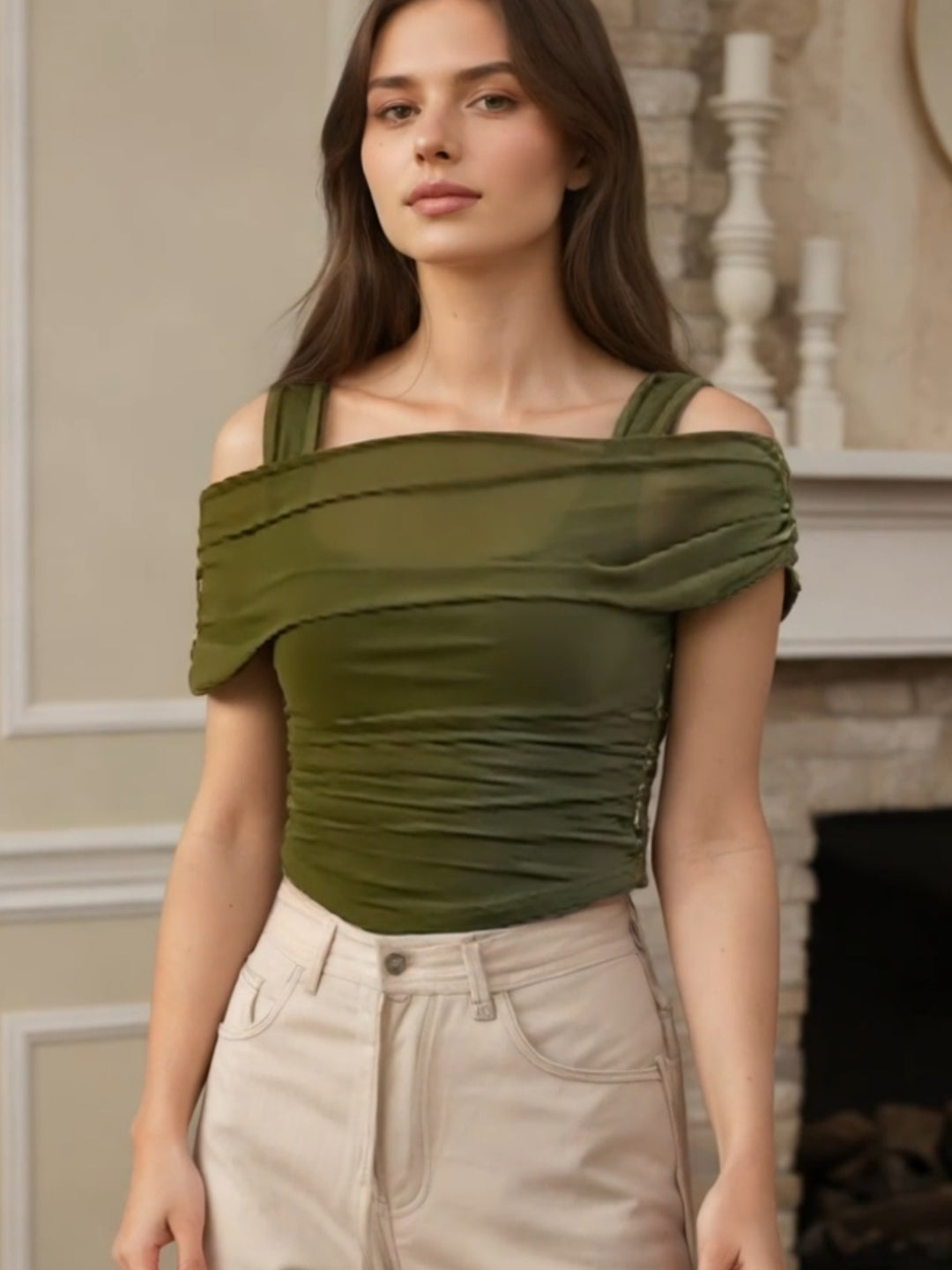 Damen Off-Shoulder Oberteil mit Raffung Drune
