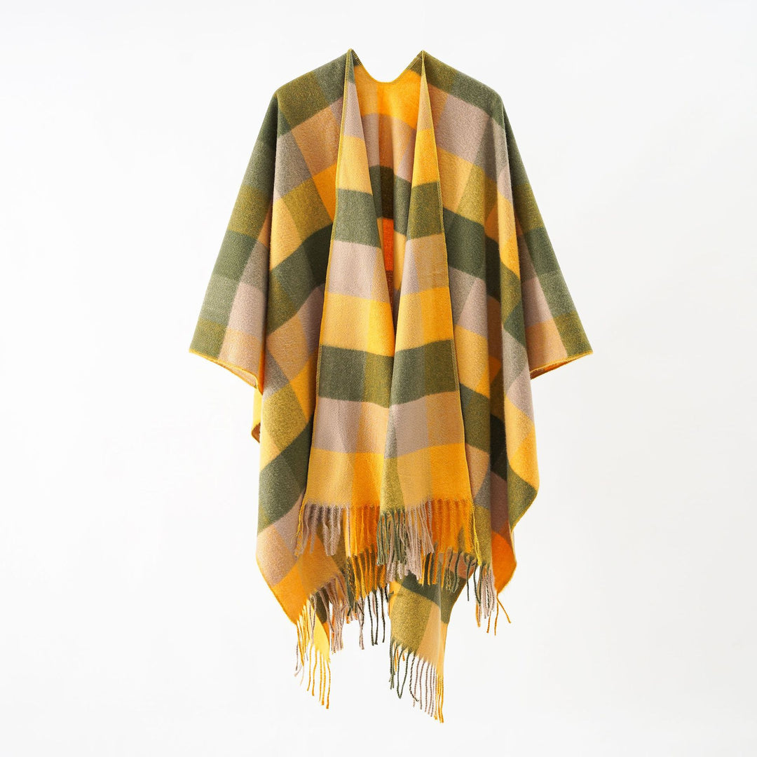 Damen Oversize-Wrapponcho aus Wollmix mit grafischem Rautenmuster und Fransensaum Drune
