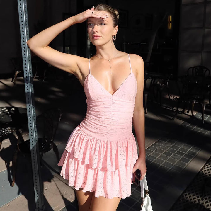 Damen Mini-Kleid mit voluminösem Rüschensaum und feinen Spitzendetails Drune