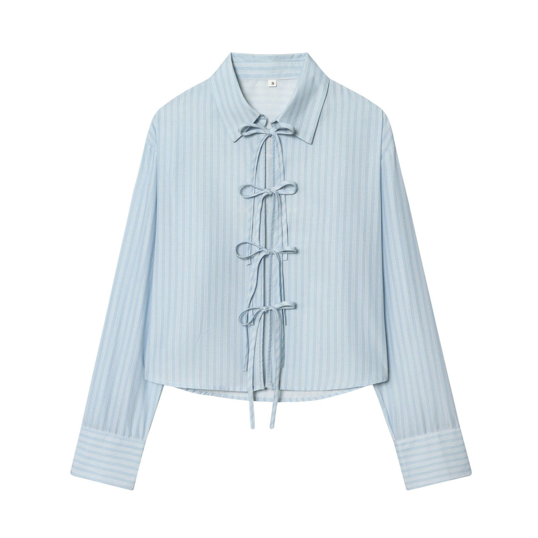 Damen nan gestreifte Bluse mit Krawatten-Front, Hemdkragen und weitem Manschettenärmel Drune